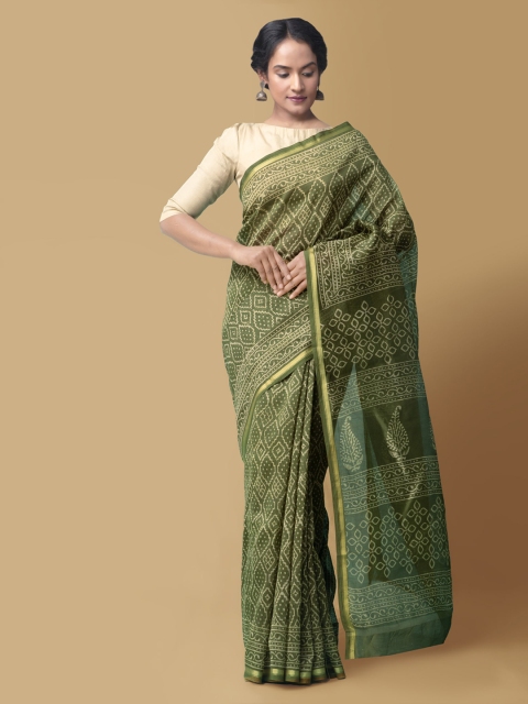 

Unnati Silks Green Silk Cotton Printed Chanderi Saree