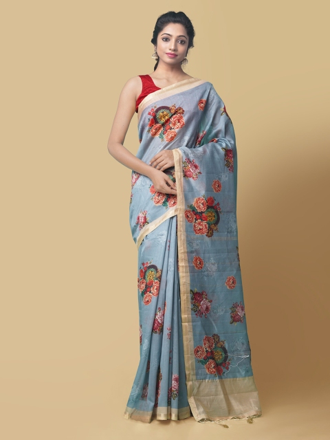 

Unnati Silks Grey & Pink Silk Cotton Printed Chanderi Saree