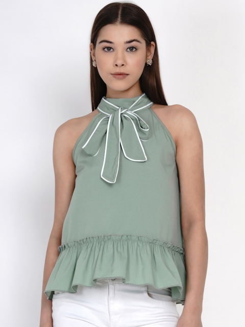 

Texco Green Tie-Up Neck Bohemian Crepe Regular Top