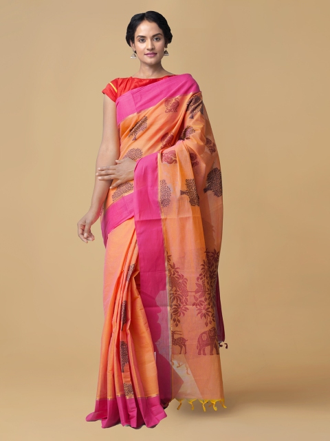 

Unnati Silks Orange & Pink Pure Cotton Woven Design Uppada Saree
