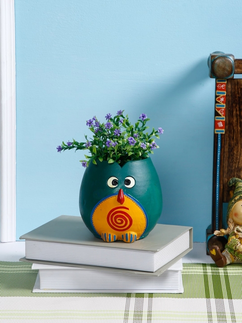 

Aapno Rajasthan Teal Green & Yellow Handcrafted Owl Planter