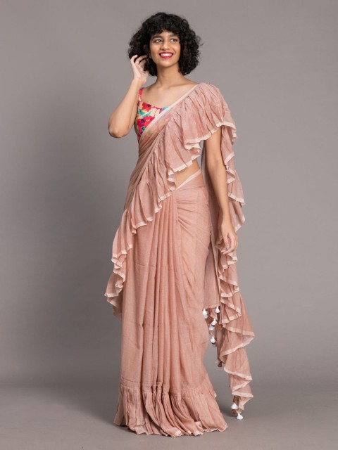 

Suta Beige Solid Pure Cotton Ruffle Saree