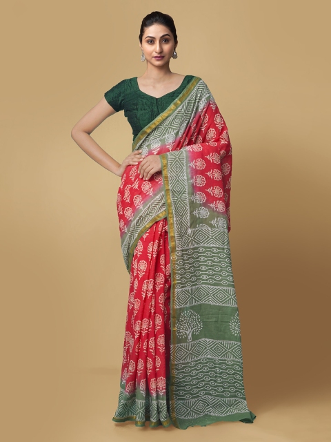 

Unnati Silks Red & Green Pure Cotton Printed Block Print Handloom Saree