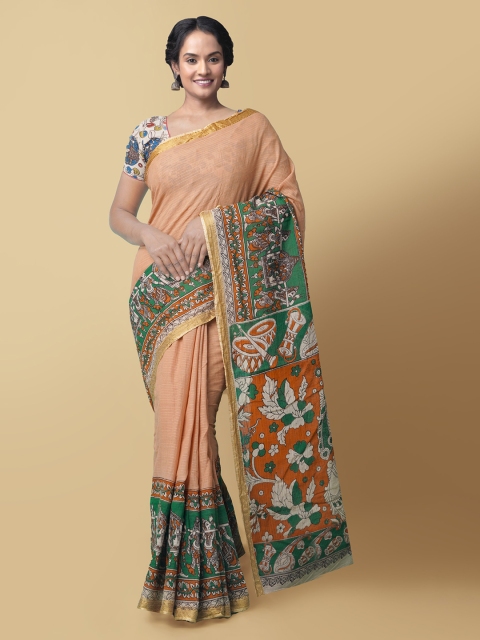 

Unnati Silks Cream-Coloured & Brown Pure Cotton Printed Kanjeevaram Saree