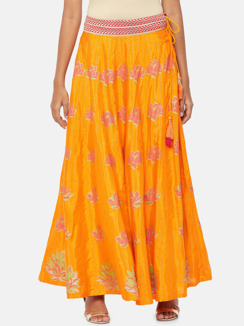 

RANGMANCH BY PANTALOONS Women Mustard Yellow & Pink Floral Print Flared Maxi Skirt