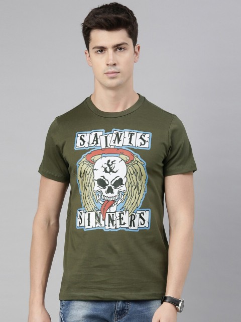 

QUANCIOUS Men Olive Green Printed Henley Neck T-shirt