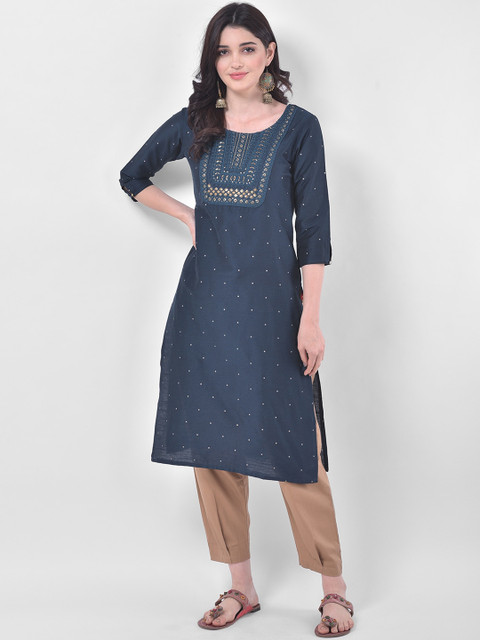 

Span Women Blue & Gold-Toned Floral Embellished Sequins Cotton Silk Kurta