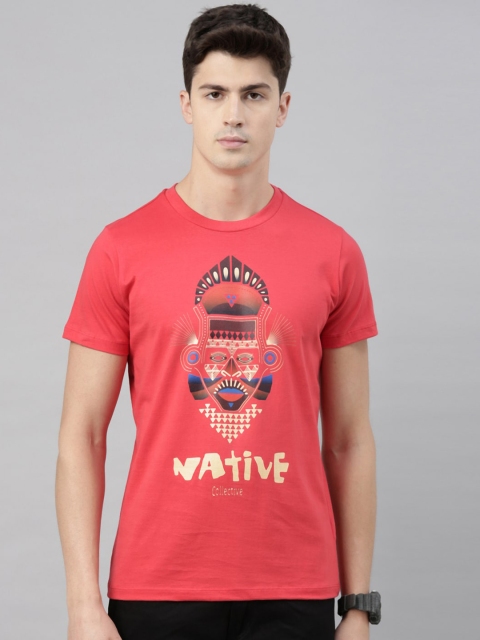 

QUANCIOUS Men Coral Red & Black Printed Round Neck Organic Cotton T-shirt