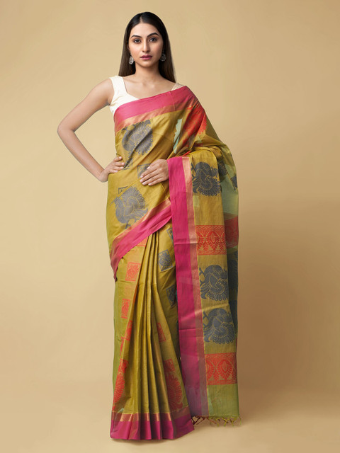 

Unnati Silks Green & Pink Pure Cotton Woven Design Uppada Saree