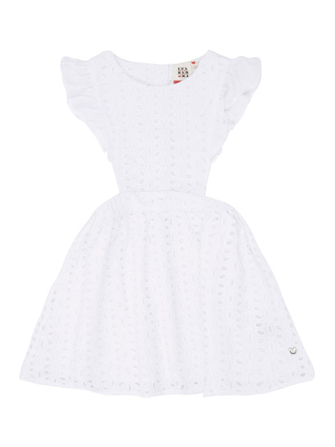 

Ed-a-Mamma Girls White Self Design Schiffli Cotton Fit and Flare Sustainable Dress