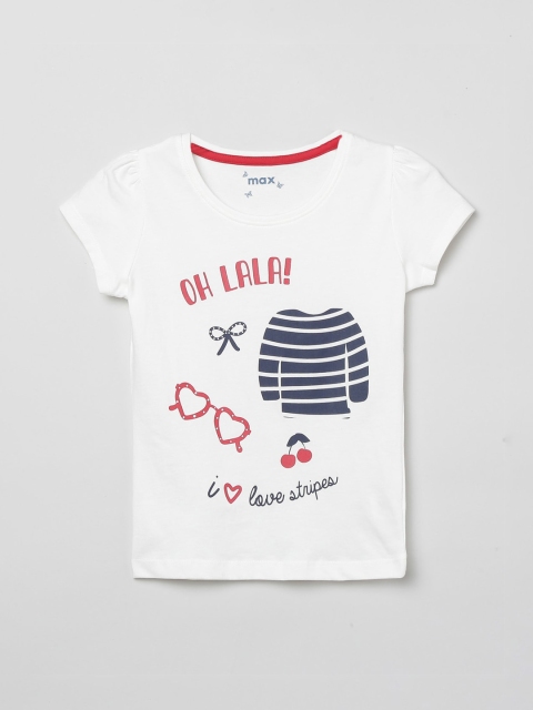 

max Girls White-Coloured Printed Round Neck Pure Cotton T-shirt