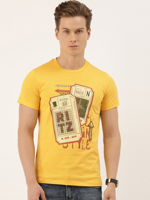 

QUANCIOUS Men Mustard Yellow & Brown Printed Round Neck Organic Cotton T-shirt