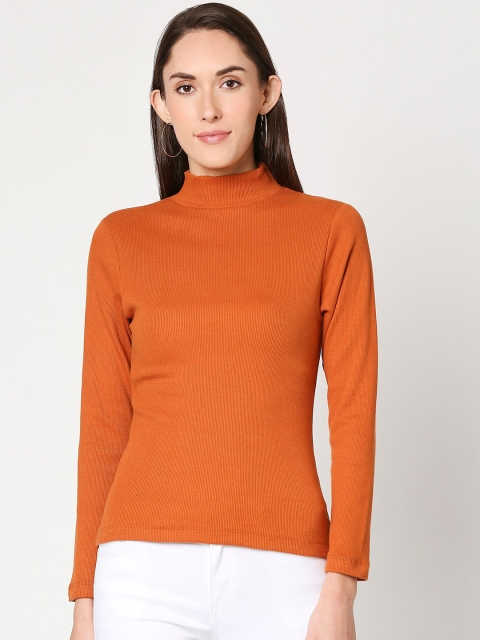

Bewakoof Women Orange Solid High Neck Cotton Sweater