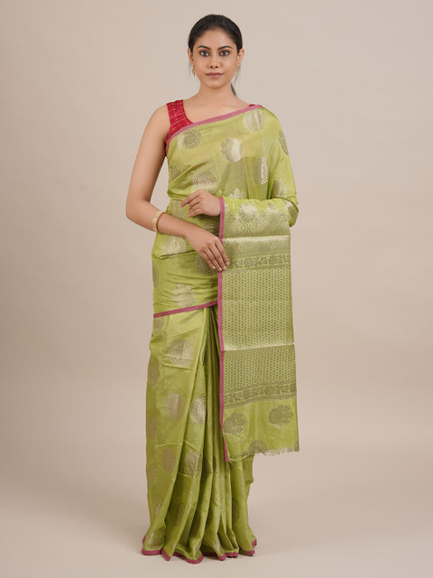 

Pothys Olive Green Printed Jute Silk Saree