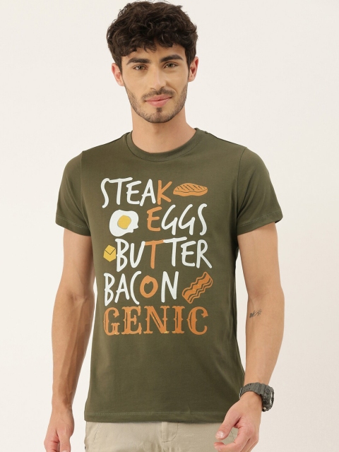 

QUANCIOUS Men Olive Green Printed Round Neck T-shirt