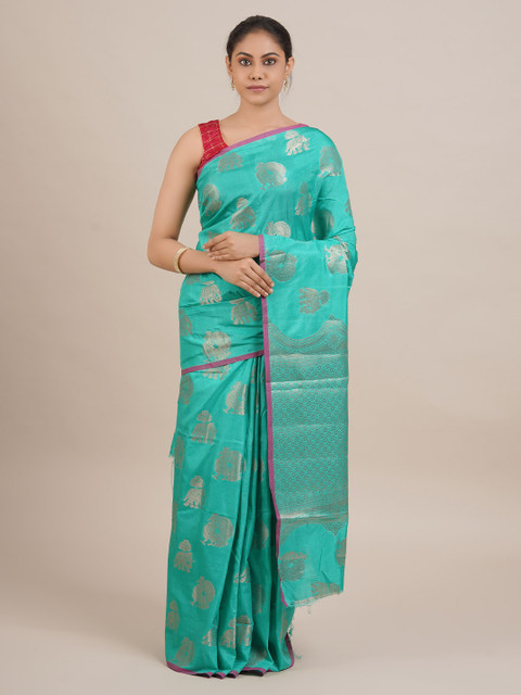 

Pothys Sea Green & Purple Jute Silk Woven Design Saree