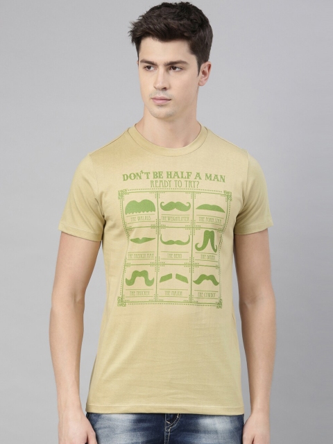 

QUANCIOUS Men Beige Printed Round Neck T-shirt