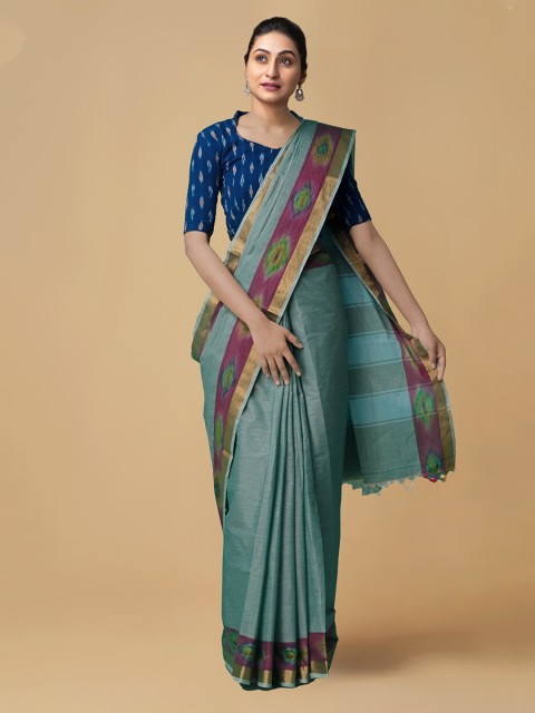 

Unnati Silks Blue Pure Cotton Striped Handloom Mysore Silk Saree