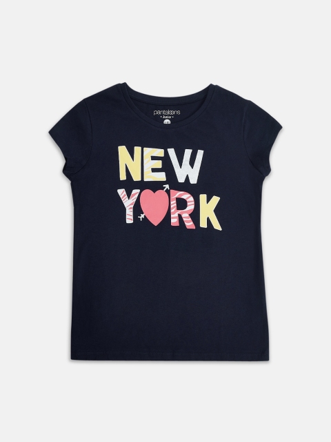 

Pantaloons Junior Girls Navy Blue Printed Round Neck Cotton Pure Cotton T-shirt