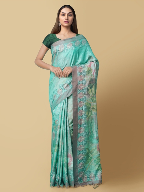 

Unnati Silks Sea Green & Pink Pure Silk Floral Block Print Handloom Saree