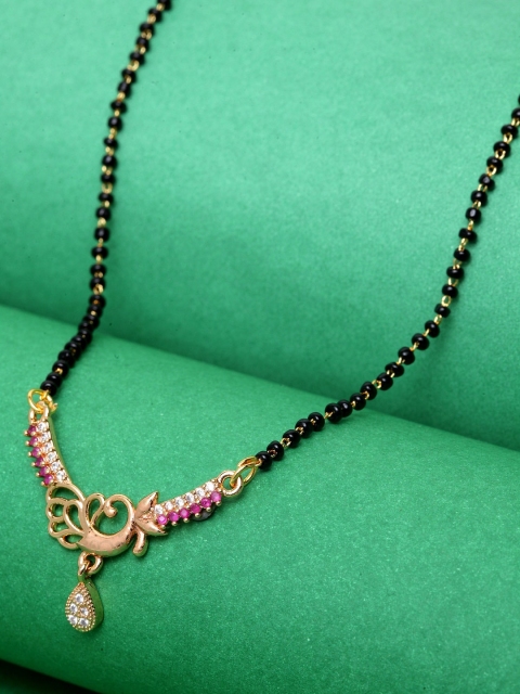 

ANIKAS CREATION Black & Pink Gold-Plated Stone Studded & Beaded Mangalsutra