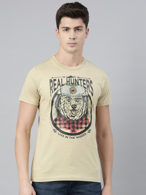 

QUANCIOUS Men Beige Printed Round Neck Sustainable T-shirt