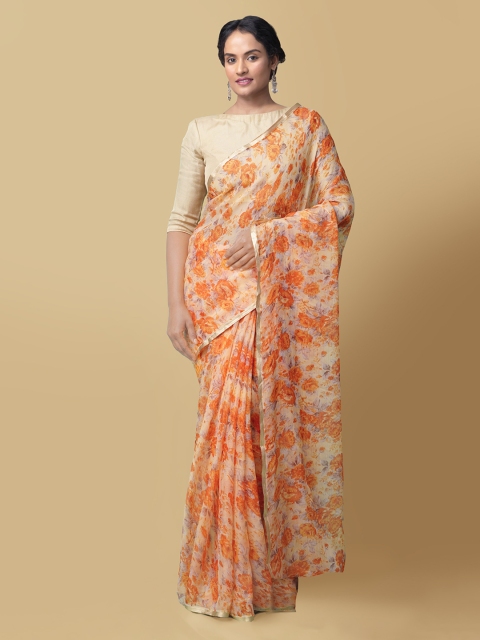 

Unnati Silks Orange Pure Chiffon Printed Block Print Saree