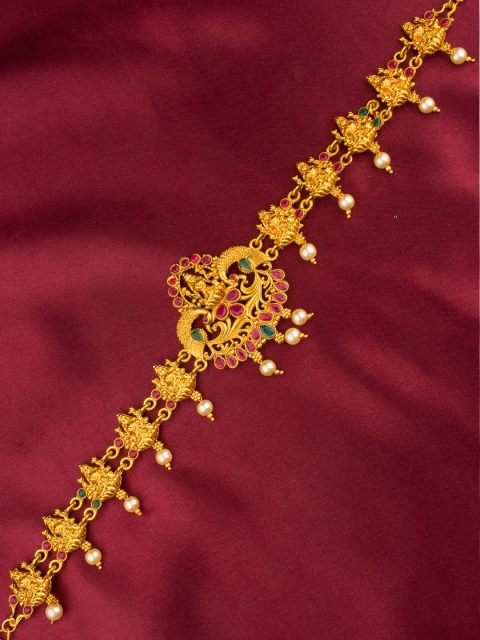 

Alankruthi Women Gold-Plated Pink & Green Stone Studded & White Beaded Kamarband