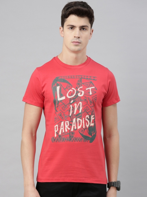 

QUANCIOUS Men Coral Printed Round Neck T-shirt