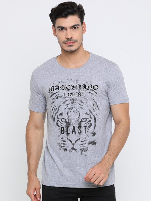 

Masculino Latino Men Grey Melange Printed Round Neck T-shirt