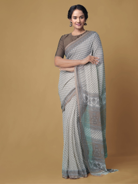 

Unnati Silks Cream-Coloured Pure Chiffon Printed Bhagalpuri Saree