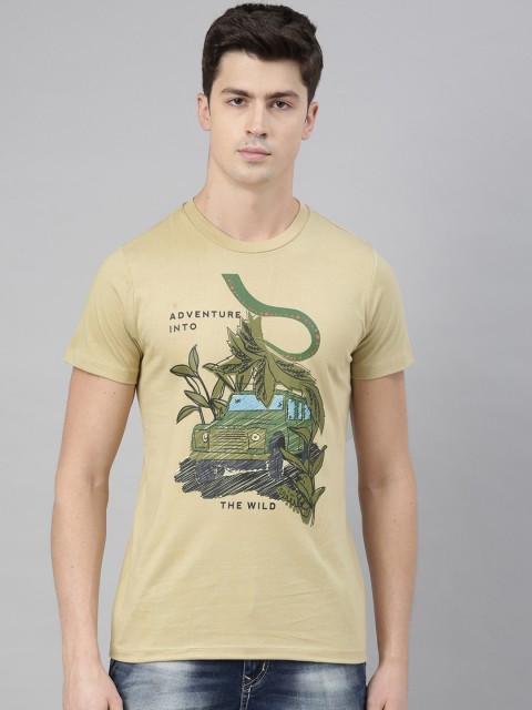 QUANCIOUS Men Beige Printed Round Neck Organic Cotton Sustainable T-shirt