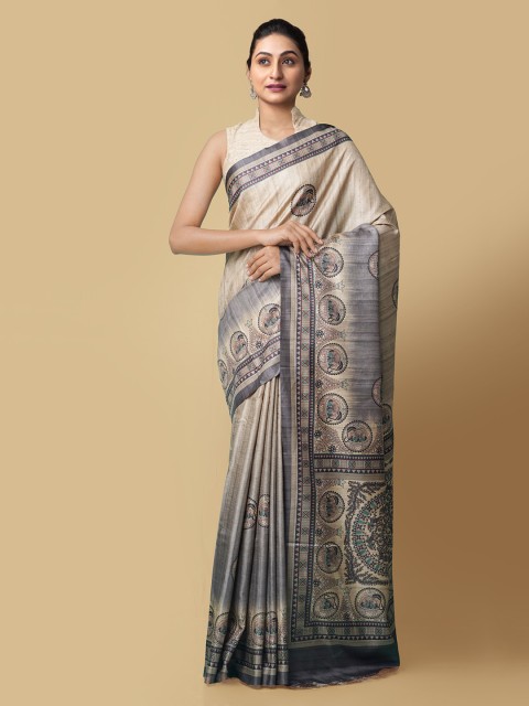 

Unnati Silks Brown & Grey Pure Silk Printed Block Print Saree