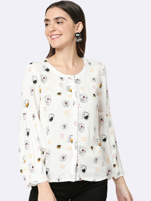 

Bewakoof White & Black Printed Bishop Sleeves Pure Cotton Regular Top