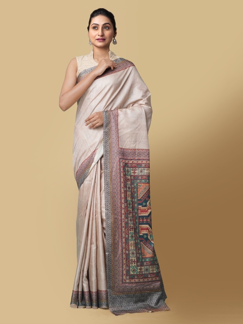 

Unnati Silks Brown Pure Silk Solid Block Print Saree