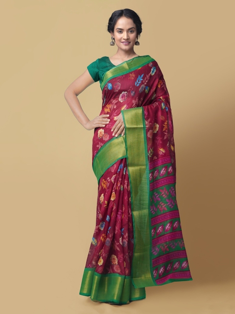 

Unnati Silks Red Pure Georgette Handloom Woven Design Block Print Saree