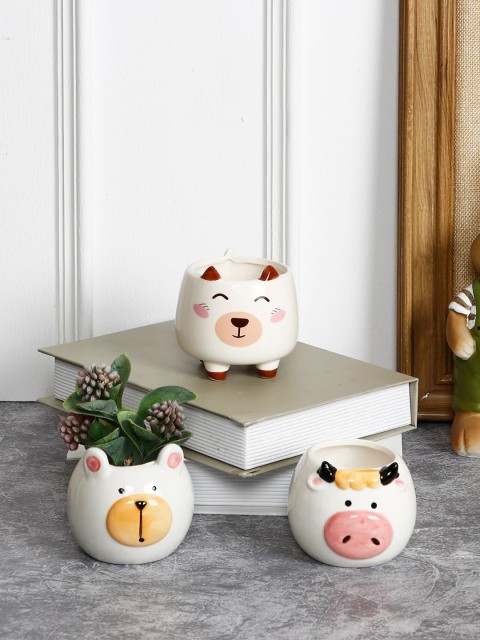 

Aapno Rajasthan Set Of 3 White & Yellow Printed Handcrafted Planters