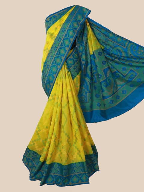 

Pothys Yellow & Turquoise Blue Cotton Blend Woven Design Saree