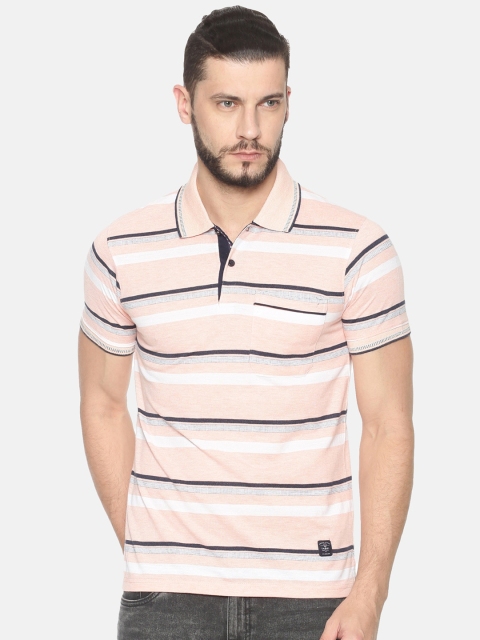 

HALTON HILLS Men Peach-Coloured Striped Polo Collar T-shirt
