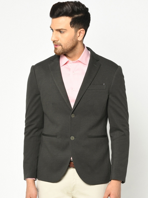 

Blackberrys Men Olive Green Self Design Single-Breasted Slim Fit Blazers
