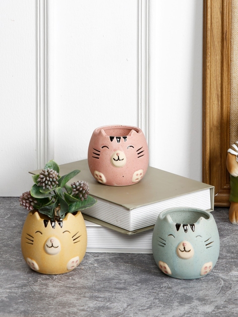 

Aapno Rajasthan Set Of 3 Colorful Kitty Planter Set, Blue
