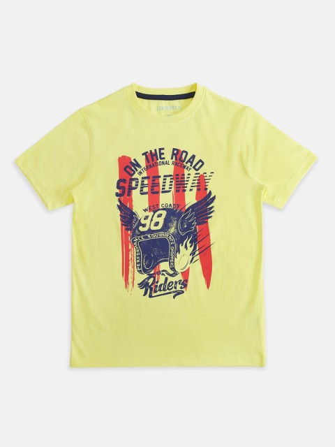

Pantaloons Junior Boys Yellow Printed Round Neck Cotton Pure Cotton T-shirt