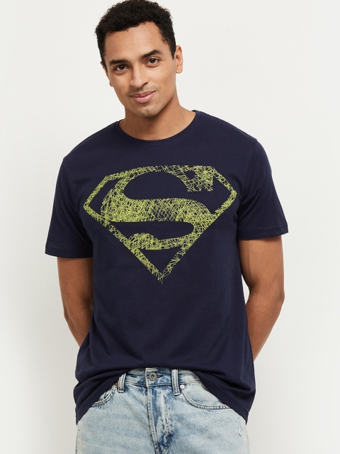 

max Men Blue Printed Round Neck T-shirt