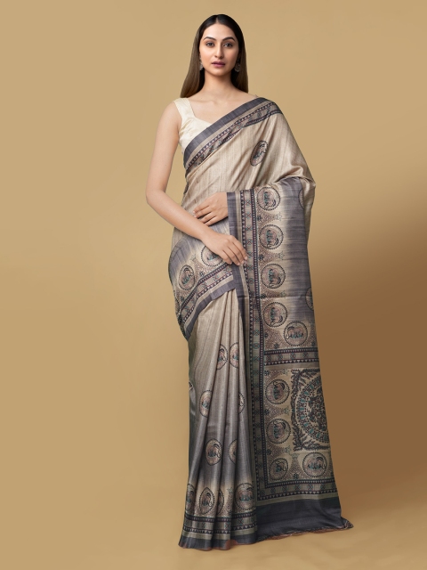 

Unnati Silks Brown & Charcoal Grey Pure Silk Printed Block Print Handloom Saree