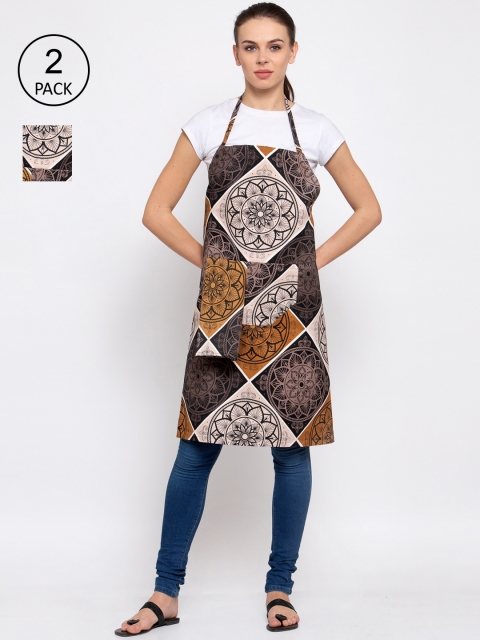 

KLOTTHE Unisex Pack of 2 Brown & Beige Geometric Printed 210 TC Cotton Aprons