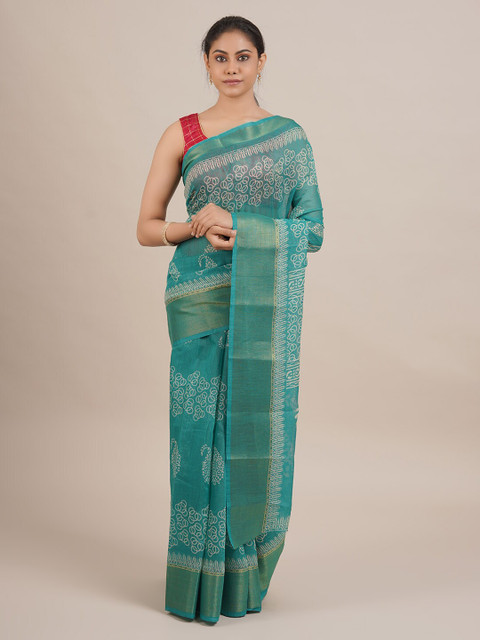 

Pothys Green & Beige Jute Silk Printed Saree