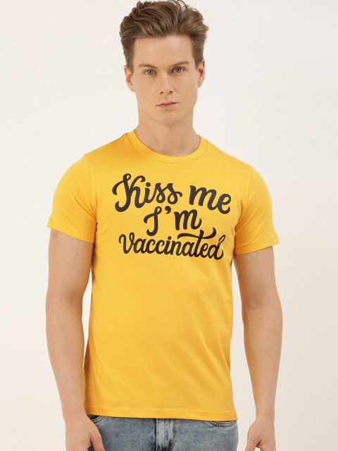 

QUANCIOUS Men Mustard Yellow & Black Printed Round Neck Organic Cotton Sustainable T-shirt