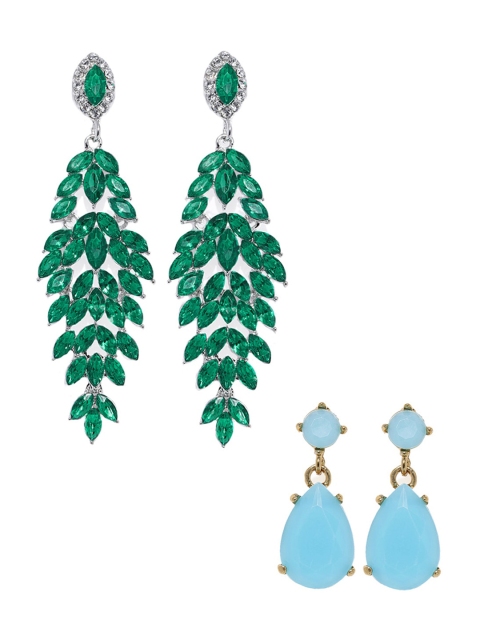 

Mahi Set of 2 Gold-Plated Contemporary Dangle Drop Earrings, Green