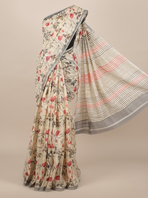 

Pothys Cream-Coloured & Pink Jute Silk Printed Saree