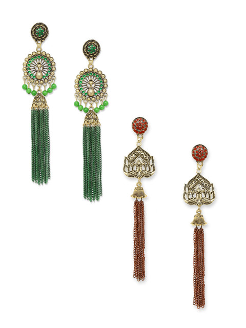 

OOMPH Set of 2 Green & Maroon Gold-Plated Contemporary Drop Earrings